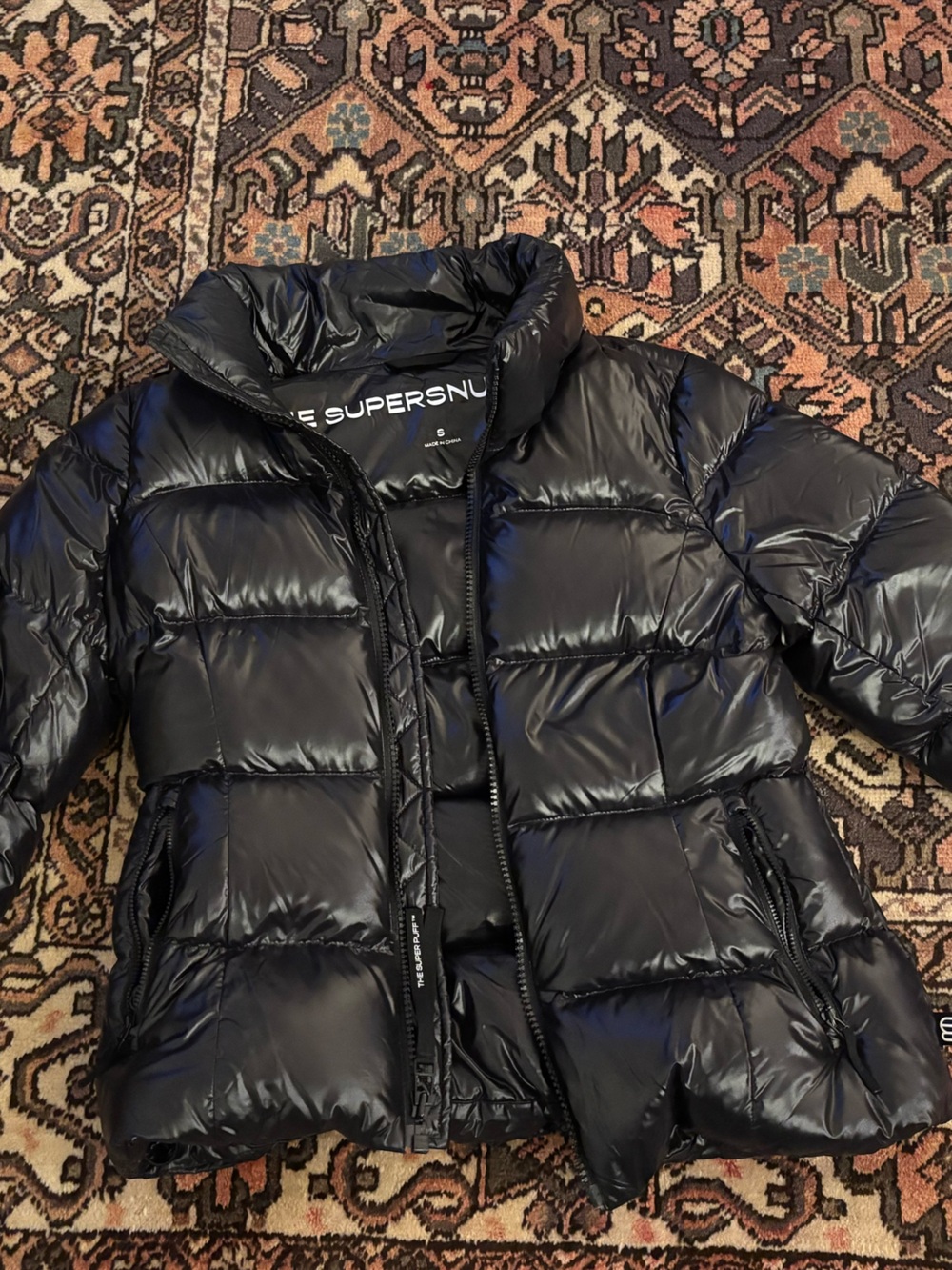 Aritzia Shiny Supersnug Black Puffer Jacket with Hood